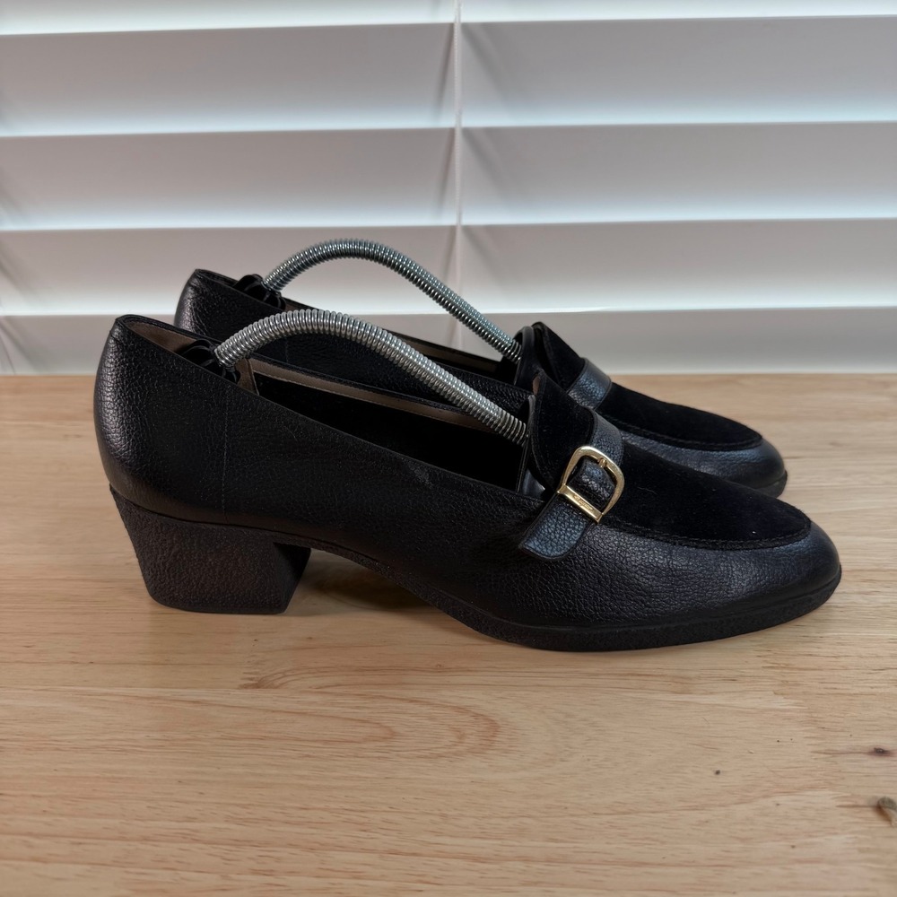 Salvatore Ferragamo Loafers Women's Black Leather Slip On Block Heel Buckle - 10 - Picture 2 of 12